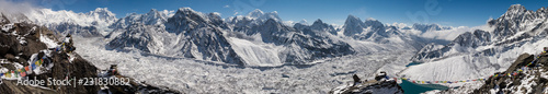 Panoramic Snowy view of the himalayas and Mount Everest from Gokyo Ri on a clear day