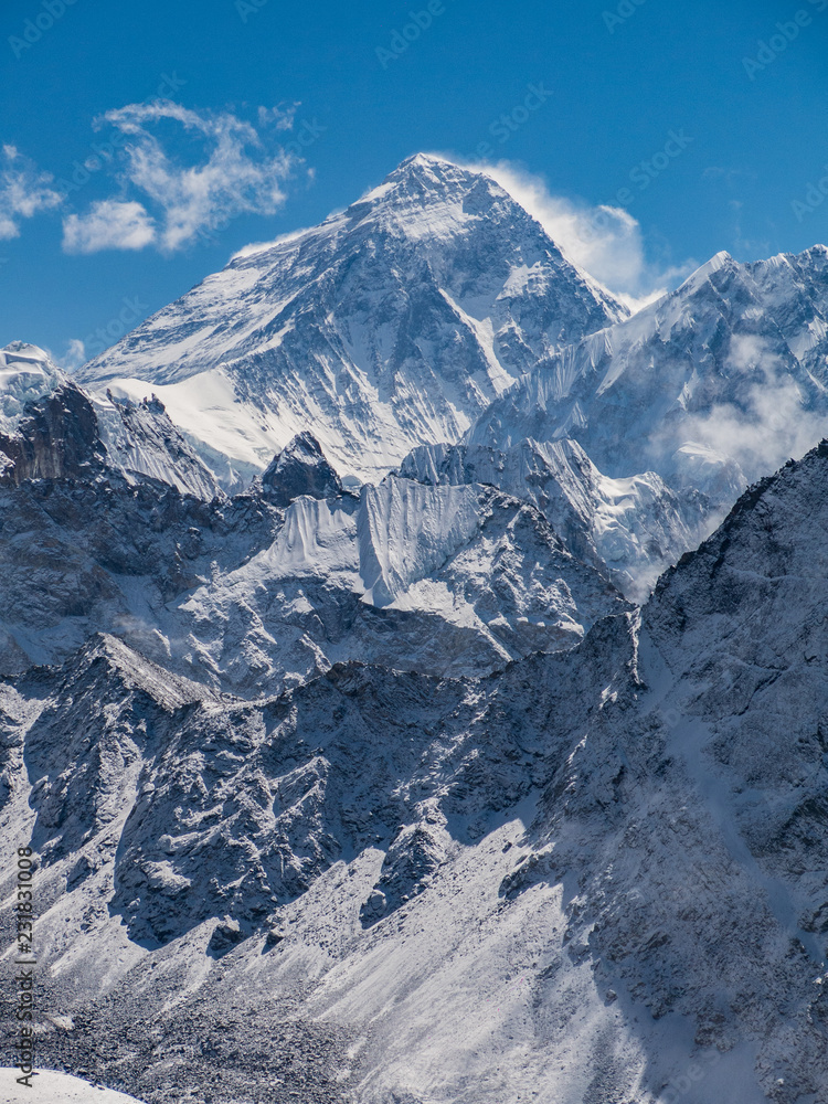 A view of the snowy, rocky slopes of Mount Everest.
