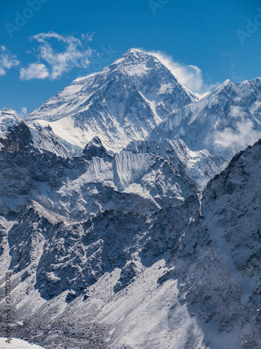 Snowy view of the Mount Everest and the himalaya mountains from Gokyo Ri on a clear day photo