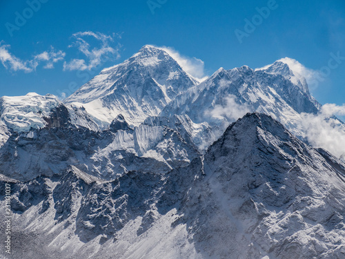 Snowy view of the Mount Everest and the himalayas from Gokyo Ri on a clear day photo