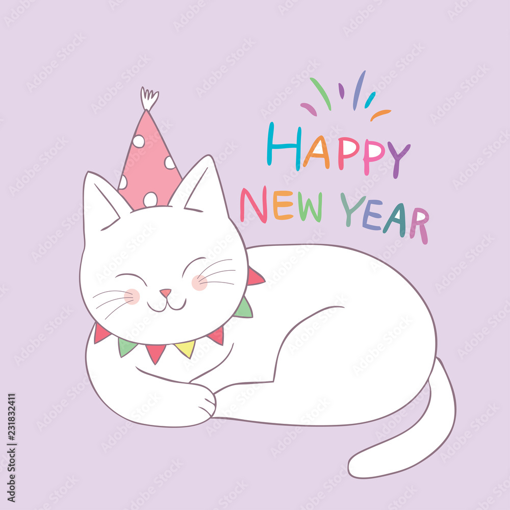 Cartoon cute cat happy new year vector. Cartoon cute cat happy new year vector.