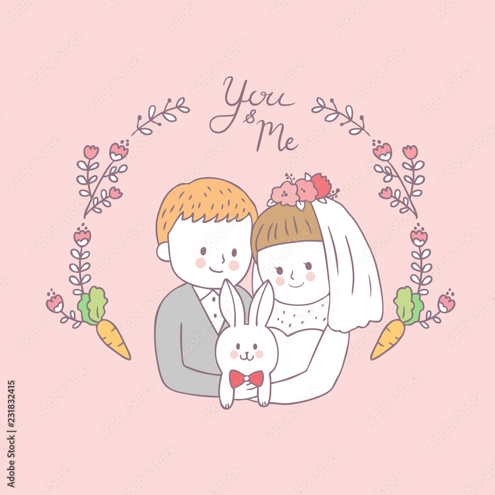 Cartoon cute Bride hug groom and rabbit vector. Cartoon cute Bride hug groom and rabbit vector.