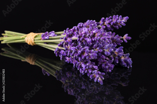 Bouguet of violet lavendula flowers isolated on black background, close up