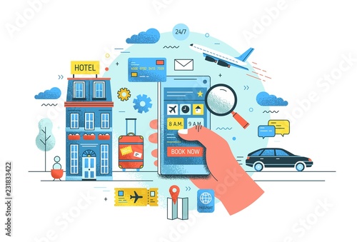 Hand holding smartphone against hotel building, flying plane, riding car and suitcase on background. Concept of online service for early booking. Colorful vector illustration in modern flat style.