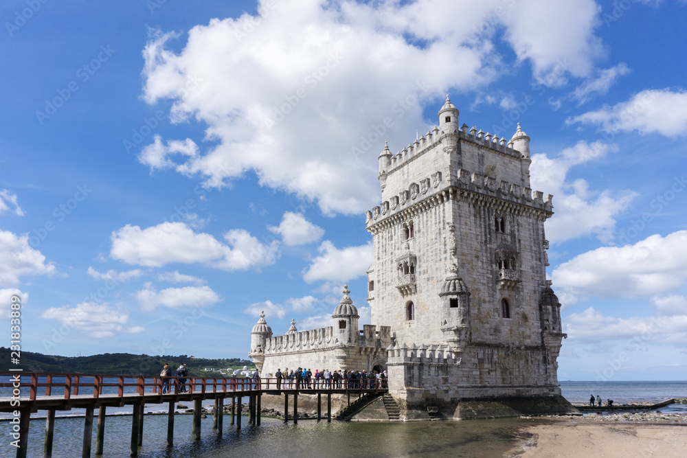 LISBON, PORTUGAL - May 13 . 2018:  Belem Tower, built in the 15th century,  on the Tagus River side, Lisbon, Portugal