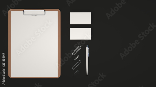 Clipboard, business cards, paper clips and pen
