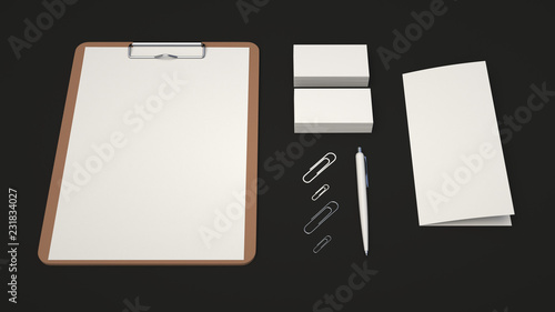 Clipboard, business cards, leaflet, paper clips and pen