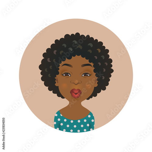 Cute Afro American kissing woman avatar. African girl love facial expression. Dark-skinned flirting person. Black skin cartoon model giving an air kiss