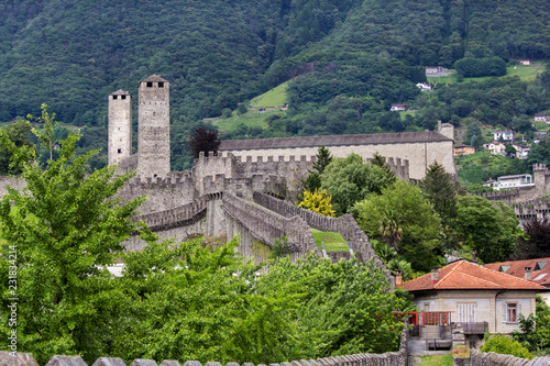 The back view of the Medieval fortification Castelgrande, Bellinzona, Canton Ticino, Switzerland