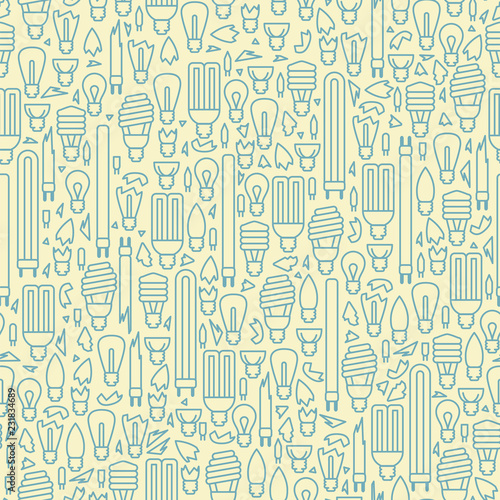 Seamless pattern with different types of light bulbs. Linear style vector illustration. Suitable for wallpaper, wrapping or textile