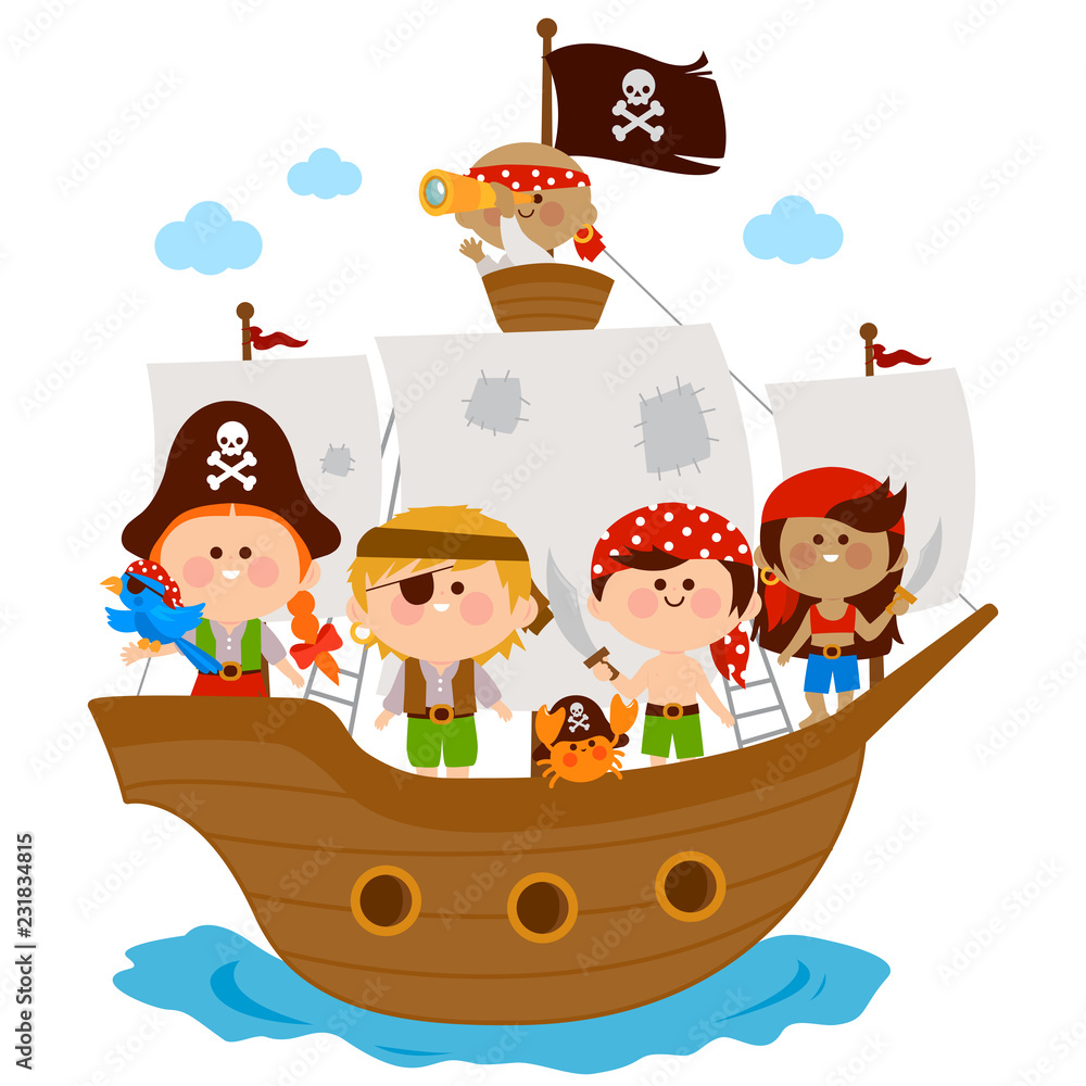 Obraz premium Pirate children, boys and girls sailing on a pirate ship. Vector illustration