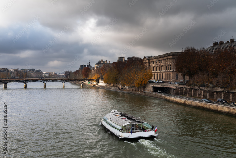 Seine river in rainy day, Paris, France.