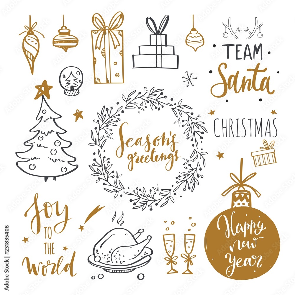 Naklejka premium Merry Christmas and New Year words on Christmas tree decoration. Vector hand drawn Lettering