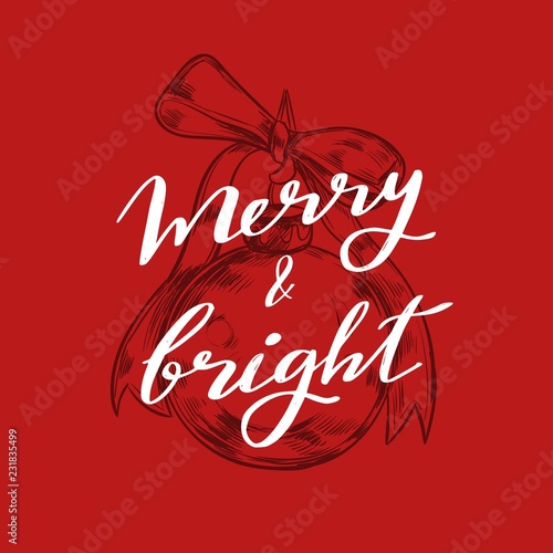 Merry Christmas and New Year words on Christmas tree decoration. Vector hand drawn