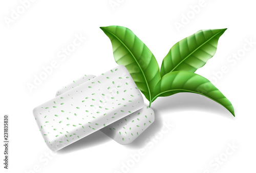 Chewing pads gum with mint leaves isolated. Bubble gums for healthy teeth and fresh breathing. template design for dental hygiene. Vector 3d illustration