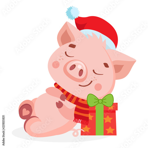 Cute Cartoon Happy Baby Pig In Santa Hat Isolated On White Background. Christmas And New Year Vector Icon. Cute Funny Cartoon Character. Santa Pig Sleeping On The Gift Box.
