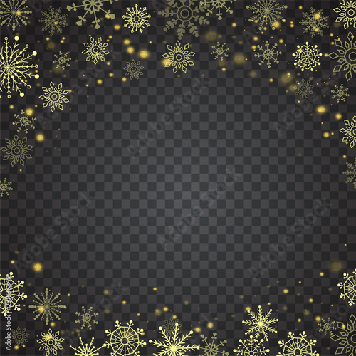 Christmas Falling snow gold glitter particles on a transparent sparcle background. Abstract snowflake background. Vector illustration