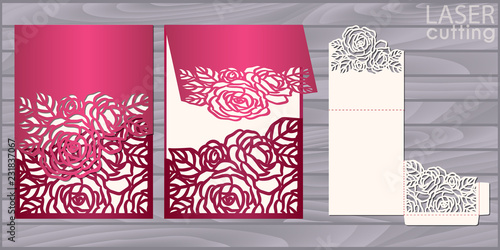 Die laser cut wedding card vector template. Invitation pocket envelope with roses pattern. Wedding lace invitation mockup.