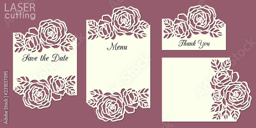 Laser cut wedding invitation cards template set with roses patterned frame. Wedding or greeting cards kit for cutting.