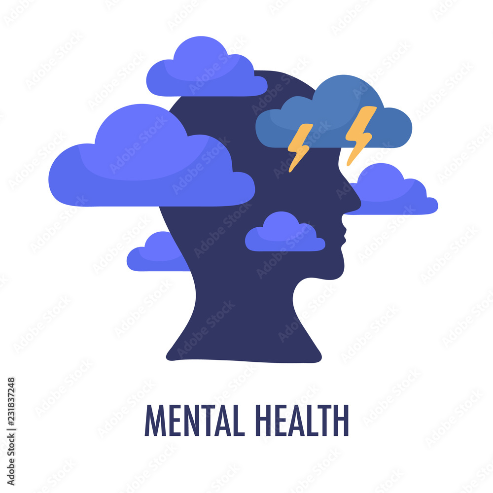 Mental health concept illustration. Head silhouette icon with clouds