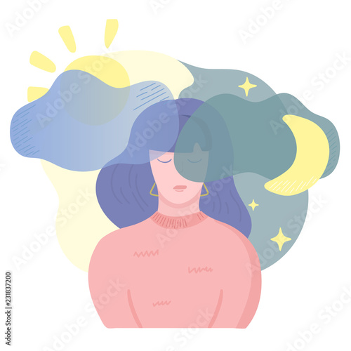 Mental disease illustration. Girl with sleep disorder problems and insomnia. Mental health weather concept. Vector illustration, cartoon flat style.