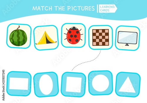 Matching children educational game. Match parts of objects and geometric shapes. Activity for pre shool years kids and toddlers.
