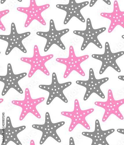 Stylized starfish pattern, simple flat style. Underwater life and ocean beach themed vector seamless background, sea stars of different colors. Marine style surface design. Pink, grey, white palette
