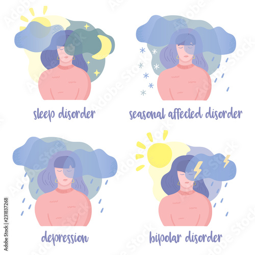 Set of mental states illustrations. Girl depressed, with bipolar, seasonal affected, sleep disorder. Mental health weather concept. Rain, snow, lightning, sun, moon, thunder. Vector illustration, cart