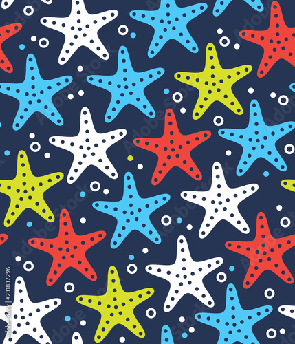 Stylized starfish pattern, simple flat style. Underwater life and ocean beach themed vector seamless background, sea stars of different colors. Marine style surface design. Blue, white, red palette