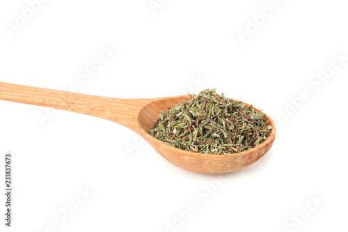 dried thyme leaves isolated on white background close up
