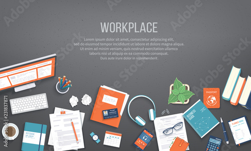 Workplace Desktop background. Top view of black table, monitor, folder, documents, notepad, books, purse, calendar, headphones, calculator, passport, crumpled paper. Place for text. Vector Top view