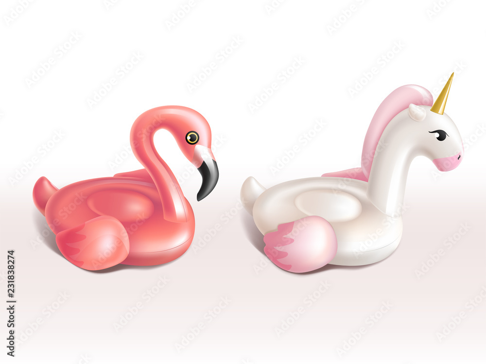 Vector 3d realistic set of swim rings - pink flamingo and white unicorn. Inflatable swimming equipment for summer pool, sea or ocean. Bright childish rubber stuff with shadows isolated on background. Vector 3d realistic set of swim rings - pink flamingo and white unicorn. Inflatable swimming equipment for summer pool, sea or ocean. Bright childish rubber stuff with shadows isolated on background.