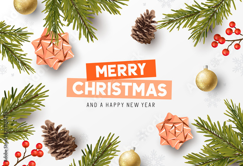 Vector christmas composition with fir branches, bows and decorations. Illustration.