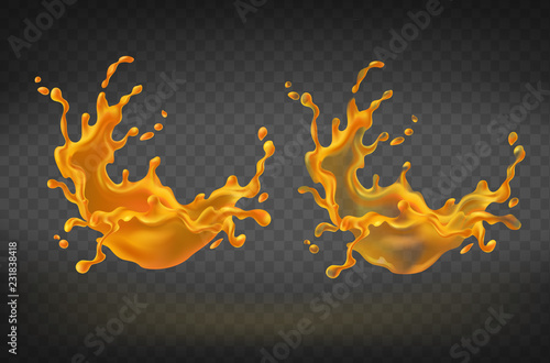Vector realistic orange splashing, juice or paint splash with drops. Blobs, blots isolated on background. Translucent and transparent liquid for advertising product, design element for promo banner.