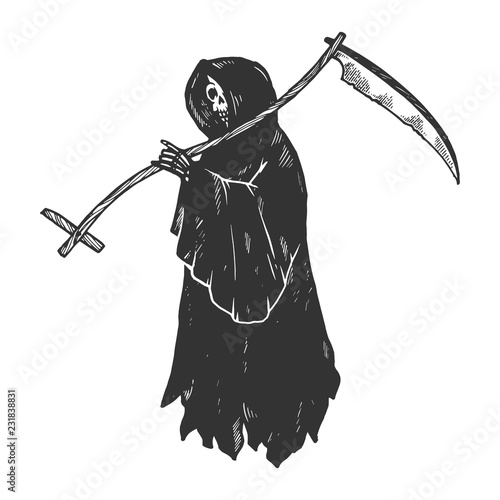 Grim reaper Death metaphor engraving vector illustration. Scratch board style imitation. Black and white hand drawn image.
