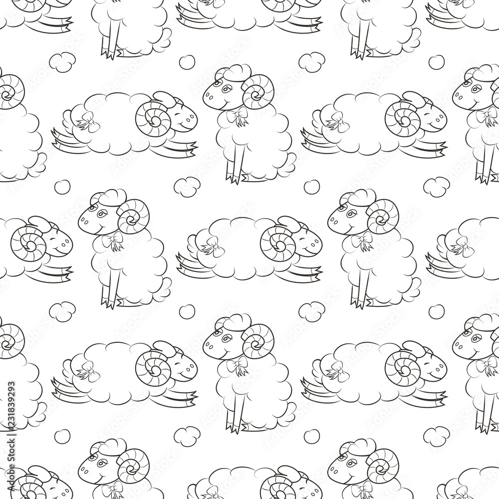 Fluffy sheep flying in the sky with clouds. Baby Wallpaper. Vector illustration. Seamless pattern background.