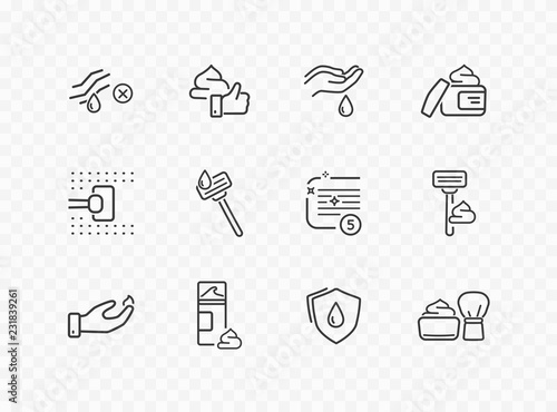 Shave line icon set isolated on transparent background. Vector care skin, shaving tools, face cream outline stroke symbols for your design.