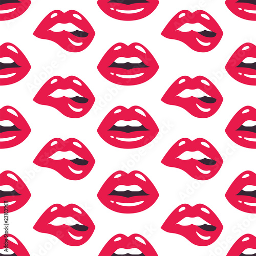 Lips pattern. Vector seamless pattern with woman's red sexy lips on white background.