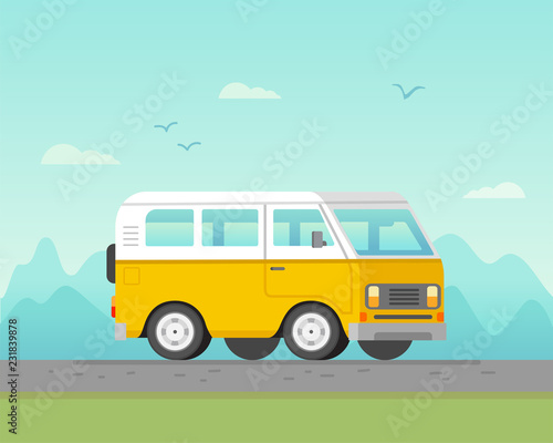 Yellow bus goes on the highway in the desert. Mountains, road and clouds landscape flat vector illustration