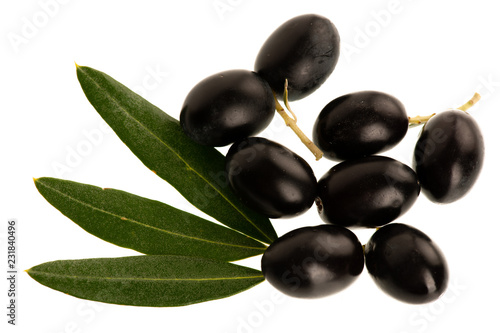 Ripe black olives on a branch isolated over white background