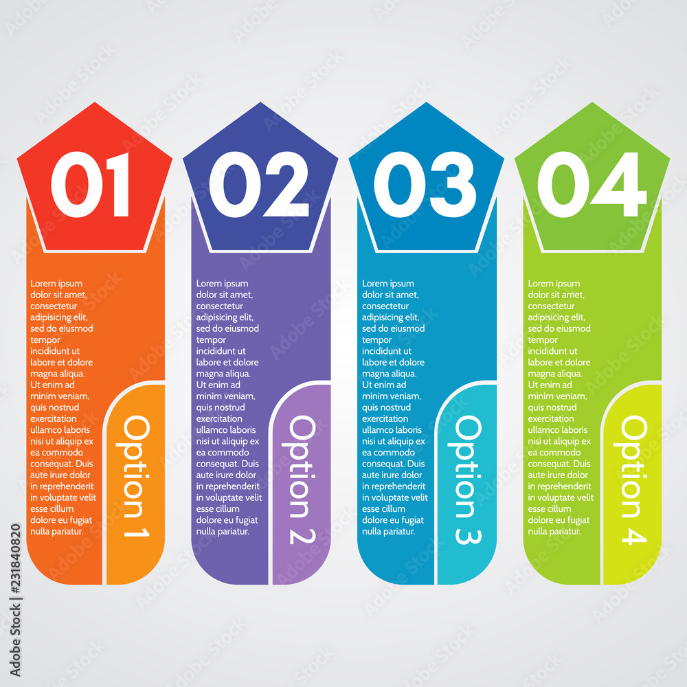 Four elements of infographic design. Step by step infographic design template. Vector illustration
