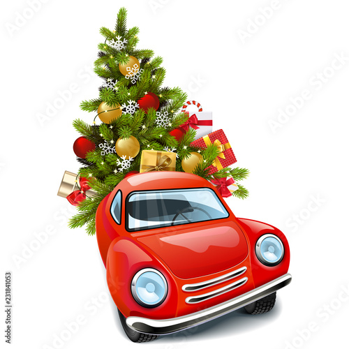 Vector Red Car with Christmas Tree