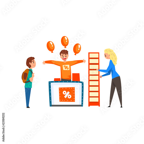 Cheerful male promoter character promoting advertisement on a promo stand, people walking at trade show exhibition vector Illustration on a white background