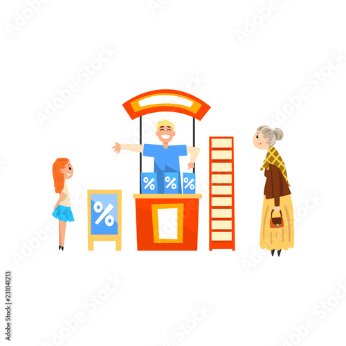 Male promoter character promoting advertisement on a stand, man advertising products at trade fair or exhibition vector Illustration on a white background