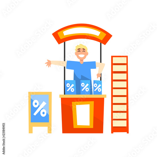 Smiling male promoter character promoting advertisement on a promo stand vector Illustration on a white background