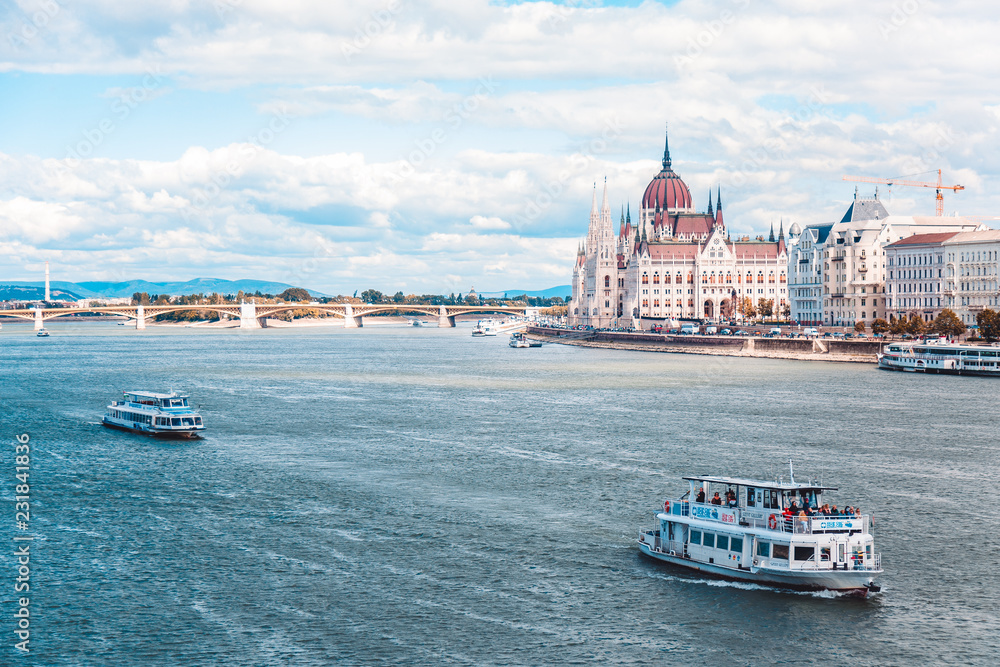 The Hungarian Parliament builded on the riverside of the Danube, on which the ship sails. The capital of Hungary