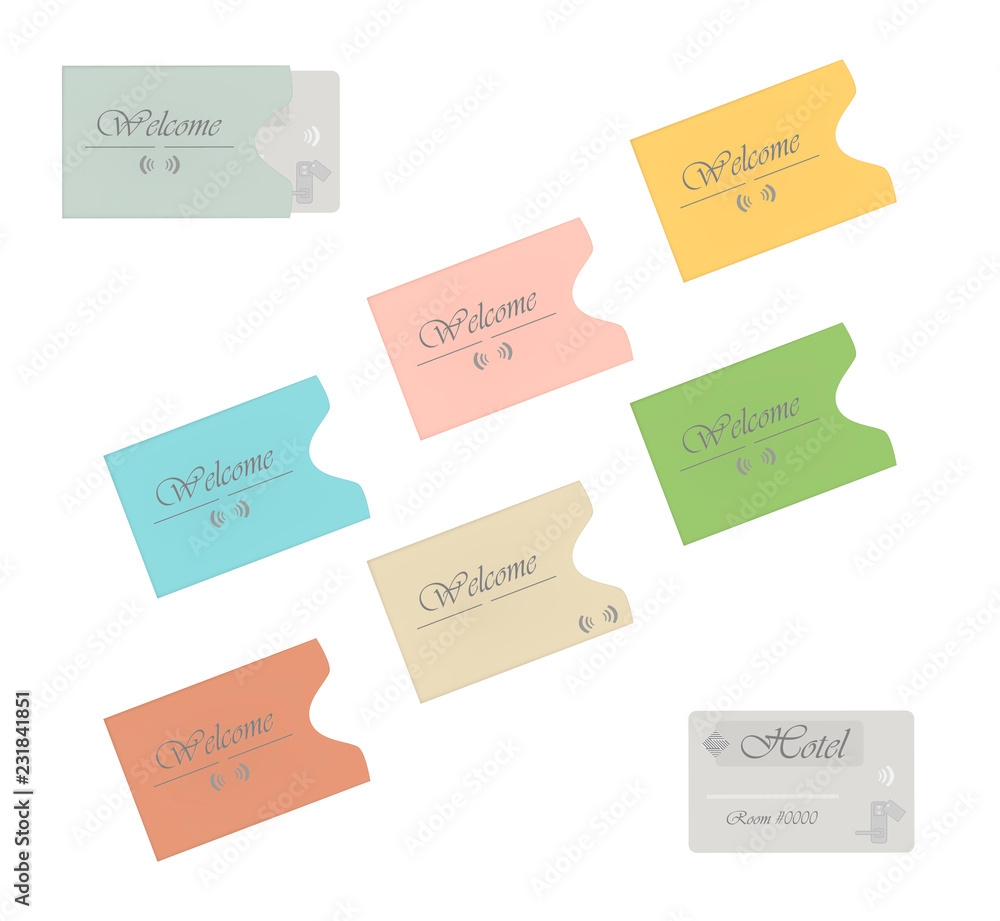 Hotel RFID key card with colored card sleeve holders isolated on white Hotel RFID key card with colored card sleeve holders isolated on white