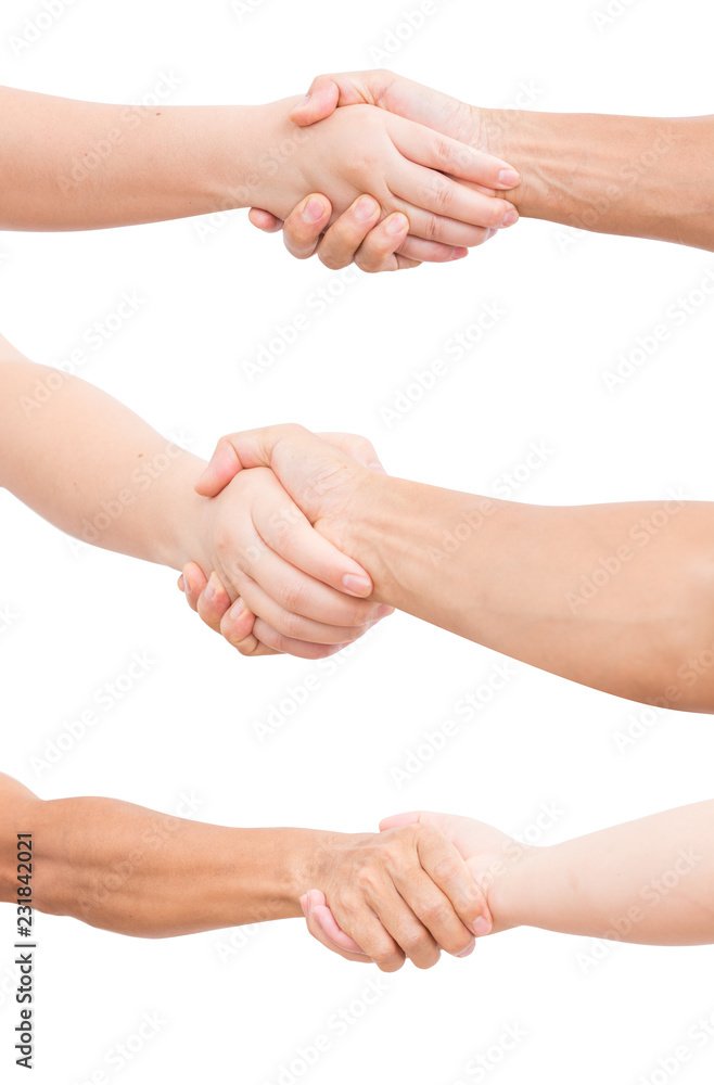 set of women and man hands shaking isolated on white background
