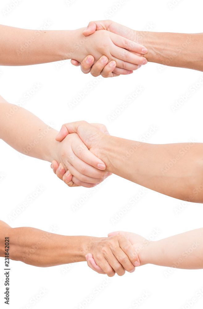 set of women and man hands shaking isolated on white background set of women and man hands shaking isolated on white background