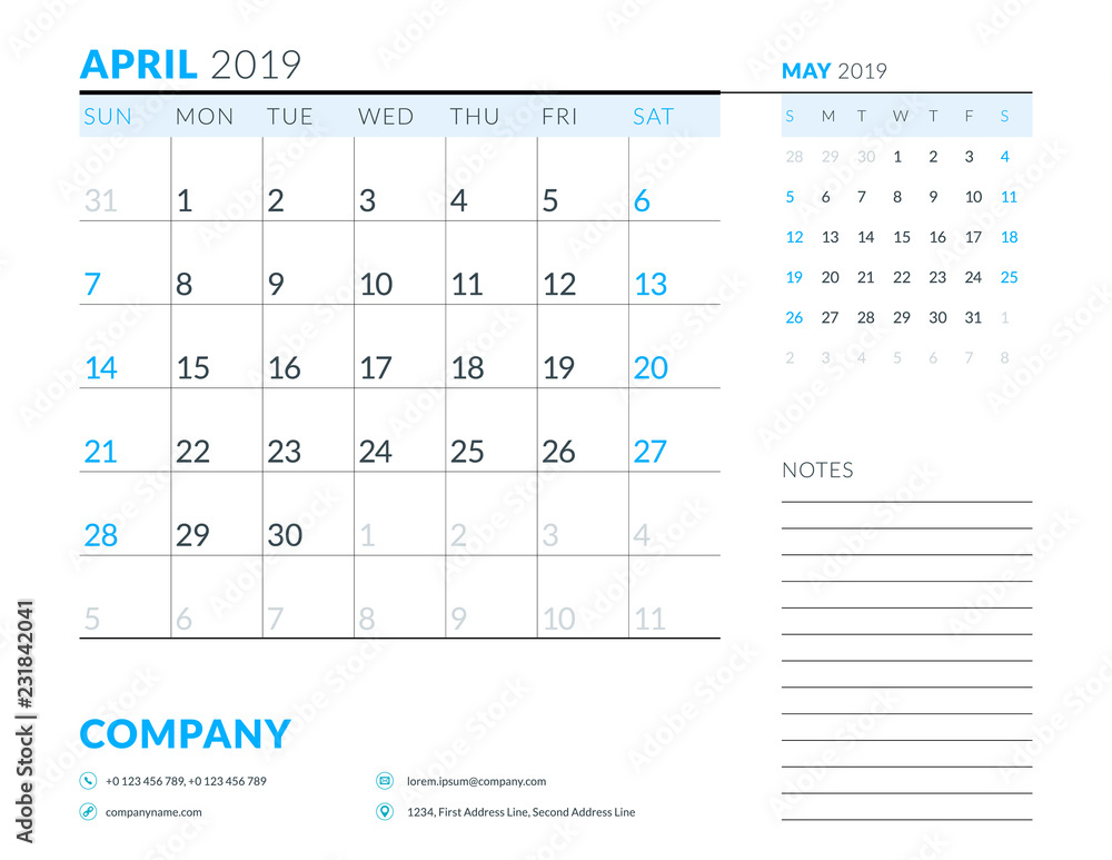 April 2019. Week starts on Sunday. Calendar planner stationery design template. Vector illustration April 2019. Week starts on Sunday. Calendar planner stationery design template. Vector illustration
